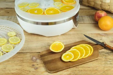 Dehydration machine with orange slices on kitchen table. Stock Photos