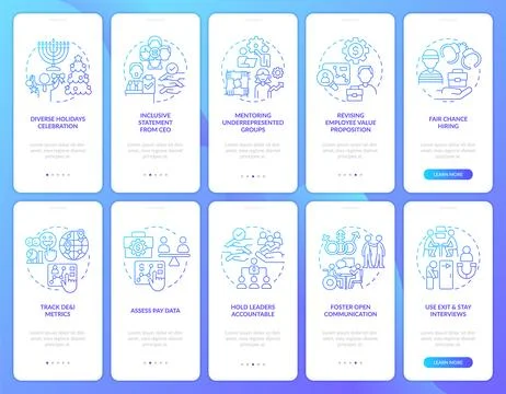 DEI programs for workplace blue gradient onboarding mobile app screens set Stock Illustration