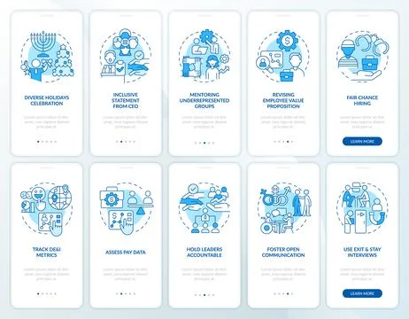 DEI programs for workplace blue onboarding mobile app screens set Stock Illustration