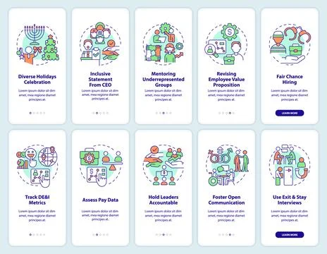 DEI programs for workplace onboarding mobile app screens set Illustrazione stock