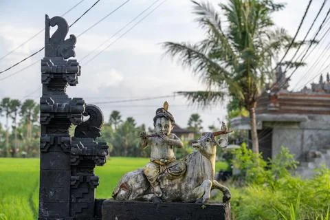 Deity and Cow Sculpture Overlooking Ubud Rice Fields Stock Photos