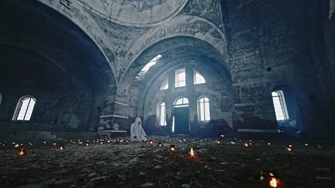 Deity in the middle of a ruined temple Stock Footage 168490563