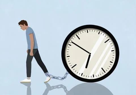 Dejected man dragging large clock attached to his ankle against blue background Stock Illustration