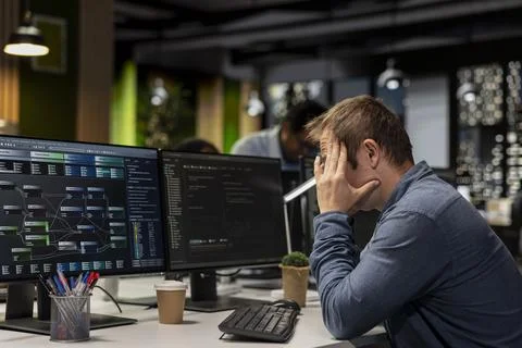 Dejected startup office engineer bummed by malfunctioning machine learning Stock Photos
