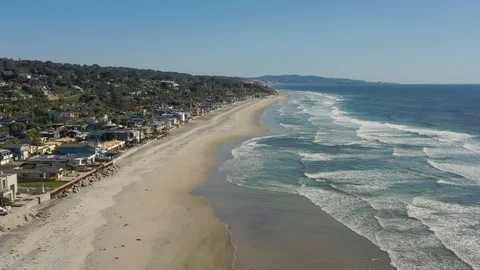 Del Mar Beach Empty due to Coronavirus Aerial shot Stock Footage 127454053
