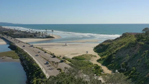Del Mar Dog Beach Empty due to Coronavirus Aerial shot Stock Footage 127454070