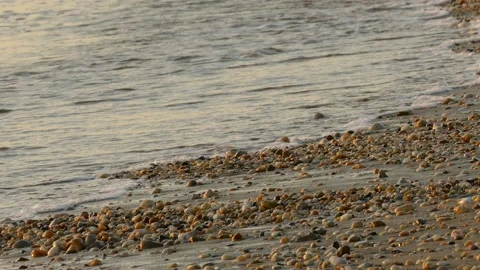 Delaware Bay waves on pebbled beach at sunrise; MCU; 4K Stock Footage 139018157
