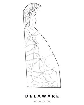 Delaware DE Map Counties Highways Roads Black White Editable Vector Stock Illustration