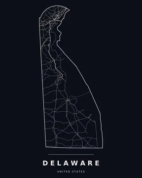 Delaware DE Map Counties Highways Roads Dark Mode Editable Vector Stock Illustration