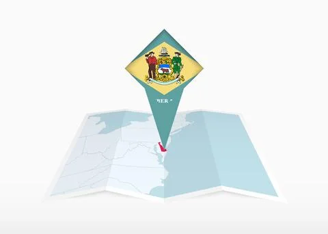 Delaware is depicted on a folded paper map and pinned location marker with .. Stock Illustration