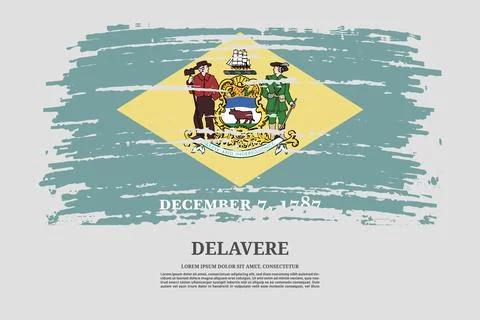 Delaware flag with brush stroke effect and information text poster, vector Illustration