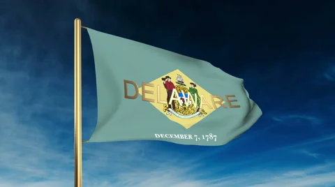 Delaware flag slider style with title. Waving in the wind with cloud background Stock Footage 48160921