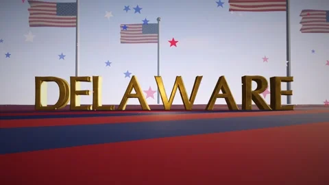 Delaware Gold 3D Letters with Waving American Flags on a Red and Blue Plaza Vídeos de archivo 343070179