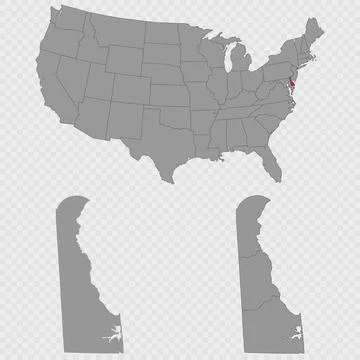 Delaware map set with USA location, clean outline, and full county breakdown. Stock Illustration