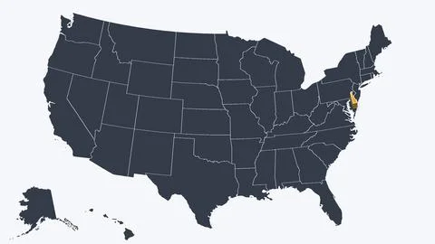 Delaware Raised in 3D on US Election Map Teal and Amber Highlight, White Stock Illustration