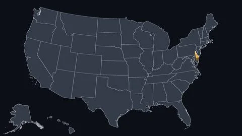 Delaware Raised in 3D on US Election Map Teal and Amber Highlight, Black Stock Illustration