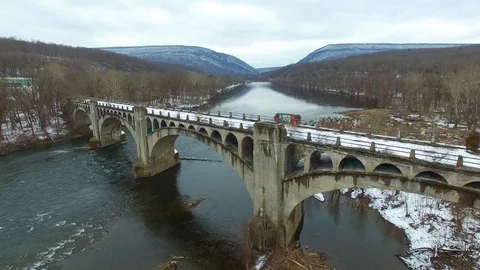 Delaware River Viaduct Flyover in Winter Stock Footage 105038325