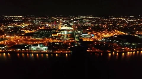 Delaware River View Of Camden New Jersey Downtown Night Drone Flight Stock Footage 344815684