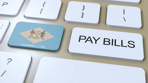 Delaware State Flag and Pay Bills Text on Button 3D Illustration Stock Illustration