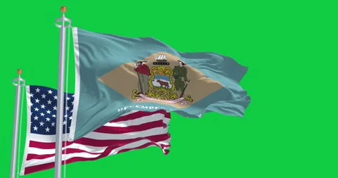 Delaware state flag waving with the American flag isolated on green backgroun Video stock 279166099