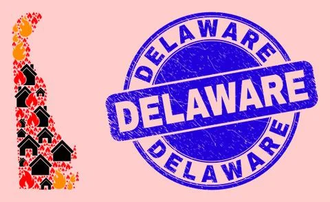 Delaware State Map Collage of Fire and Properties and Scratched Delaware Seal Ilustração Stock