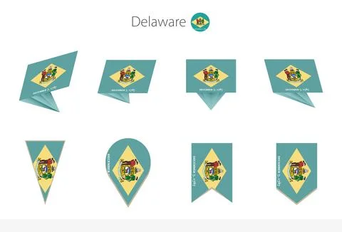 Delaware US State flag collection, eight versions of Delaware vector flags. 스톡 일러스트