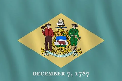 Delaware US state flag with waving effect, official proportion. Stock Illustration