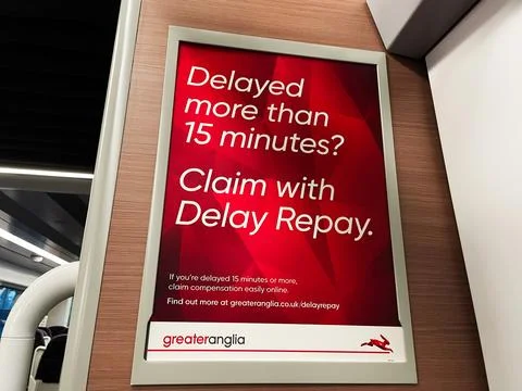Delay Repay Poster on Train Encouraging Passengers to Claim Compensation Stock Photos