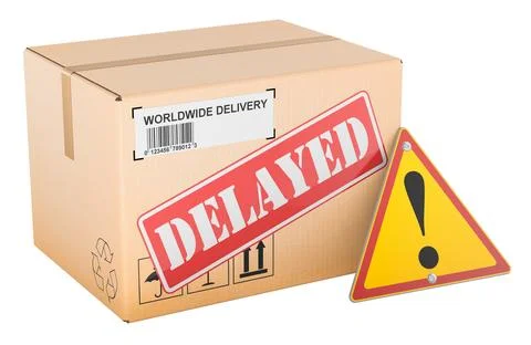 Delayed delivery package with warning sign and shipping box. 3D rendering 스톡 일러스트
