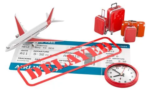 Delayed flight boarding pass with airplane, luggage, suitcases and clock, t.. Stock Illustration
