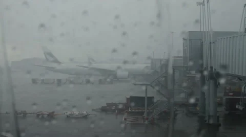 Delayed flight due to weather. Hurricane, fog and flood in the airport. Stock Footage