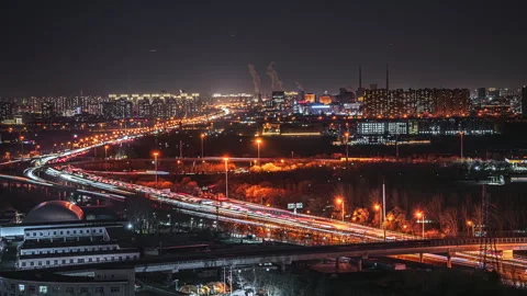 The delayed view of evening traffic and transportation in Beijing, China Stock Footage 300118862