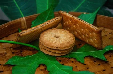A delectable close up of assorted biscuits and crackers, artfully arranged .. 스톡 사진