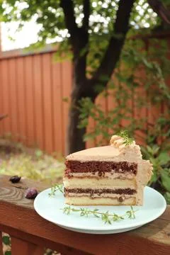 A delectable slice of cake with rich layers of cream and frosting, topped w.. Stock Photos