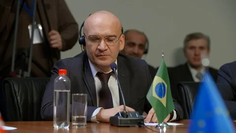 Delegate of Brazil makes public speech during international business or Stock Footage 76314059