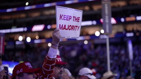 A delegate holds up a 'Keep the Majority' sign, RNC Dallas 2026 Stock Footage 345274893