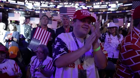A delegate in a stars-and-stripes jersey applauds among flag-waving supporters Stock Footage 345271338