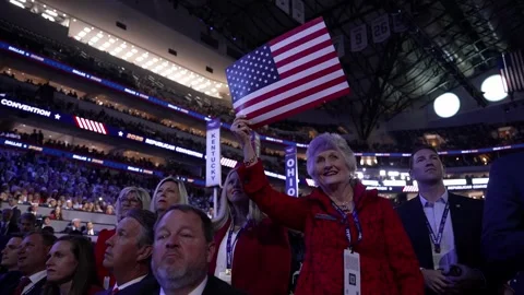 Delegates cheer and wave flags during President Donald Trump's speech Stock Footage 345274228