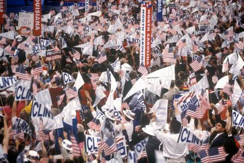 Delegates cheer for Clintons nomination at the 1992 Democratic National Stock Photos