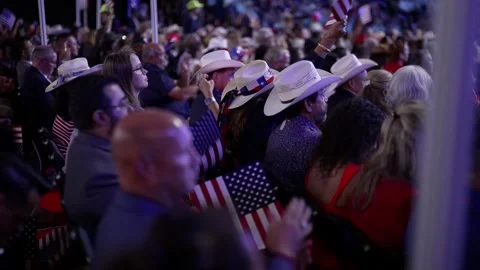 Delegates in cowboy hats applaud, RNC Dallas 2026 Stock Footage 345271696