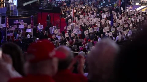 Delegates hold signs on the crowded convention floor, RNC Dallas 2026 Stock Footage 345272183