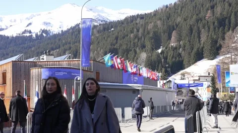 Delegates outside the Congress Centre with national flags Stock Footage 345283523