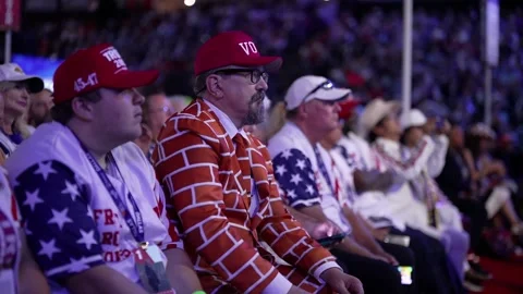 Delegates in patriotic outfits, including a brick-wall-print suit, watch the Stock Footage 345274899