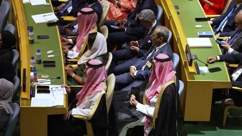 Delegates in traditional Gulf attire in UN General Assembly Hall 스톡 동영상 346265183