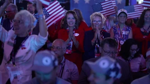 Delegates wave American flags and cheer, RNC Dallas 2026 Stock Footage 345274202