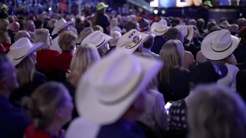 Delegates in white cowboy hats fill the stands, RNC Dallas 2026 Stock Footage 345271682