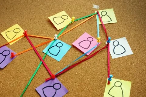 Delegating or company structure with figures and pins on the board. Stock Photos