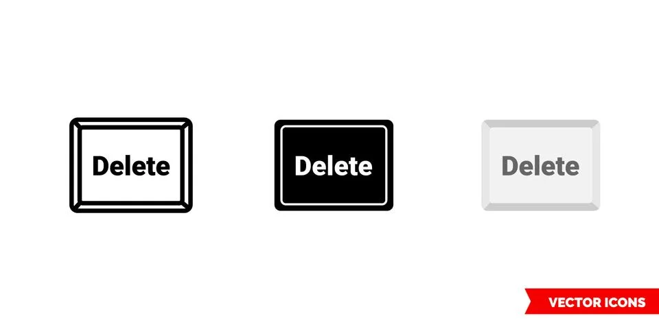 Delete button icon of 3 types color, black and white, outline. Isolated vector Illustrazione stock