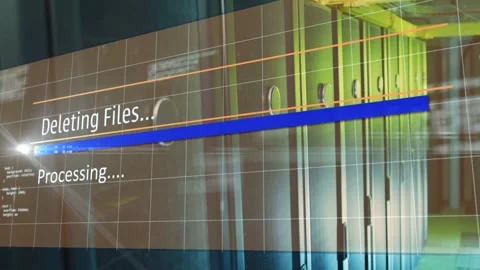 Delete command appearing, projected UI showing Processing, progress bar growing, Video stock 332591864