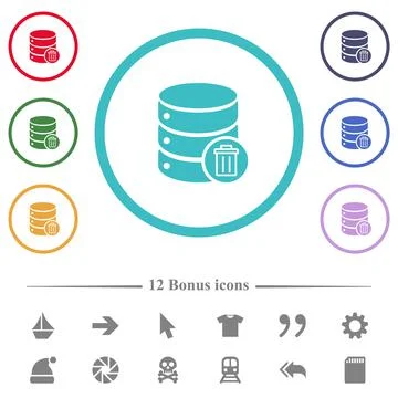 Delete from database flat color icons in circle shape outlines Stock Illustration